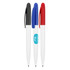 A set of three ballpoint pens in black, blue, and red, featuring a white barrel and a logo on one pen.