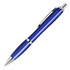 A blue ballpoint pen with a transparent barrel and silver accents, featuring a clip for easy attachment.