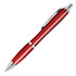 A red ballpoint pen with a transparent design and silver accents. It features a clip and a sleek finish.
