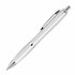 A transparent ballpoint pen in white with silver accents and a clip, featuring a sleek design.
