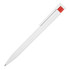A ballpoint pen with a white body and red accent on the clip, featuring a logo.