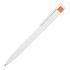 A ballpoint pen with a white barrel and orange accent, featuring a clip and silver tip. It has a logo on the side.