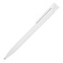 A white ballpoint pen with a coloured accent and a clip. The pen features a sleek design and a logo.