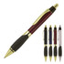 A ballpoint pen in burgundy with gold accents and a textured black grip, alongside pens in black, blue, and silver.