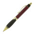 A metal ballpoint pen in burgundy with gold accents and a black textured grip. It features a branding logo.