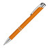 An orange metal ballpoint pen with a rubber grip and silver accents. It features a clip and circular detailing.