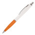 A ballpoint pen featuring a sleek white barrel and an orange grip, with a silver clip and accents.