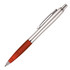 A silver ballpoint pen with a red grip and a clip, featuring a branding logo.