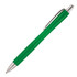 A green ballpoint pen with a textured grip and a silver clip. It has a sleek design and a shiny nib.