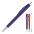A plastic ballpoint pen in blue with silver accents, alongside red, white, and another blue pen visible in the background.