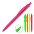 A plastic ballpoint pen in vibrant pink, alongside pens in green, yellow, and orange, featuring a clip.