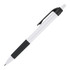 A ballpoint pen with a white barrel and a black grip, featuring a black clip and a silver tip.