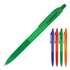 A ballpoint pen in frosted green with a textured grip, accompanied by variants in blue, red, and orange.