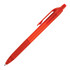 A ballpoint pen in bright red with a textured grip and a clip, featuring a logo.