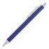 A blue ballpoint pen with a silver clip and tip, featuring a sleek design. It has a branding logo.