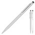 A silver metal ballpoint pen with a stylus tip, featuring a sleek design and chrome accents. It has a branding logo.