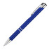 A metal ballpoint pen in brushed blue with silver accents and a chrome clip. Features a branding logo.