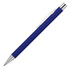 A blue matte ballpoint pen with a silver clip and tip, featuring a branding logo.