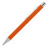 An orange matte ballpoint pen with a silver clip and tip, featuring a branded logo.