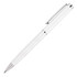 A white ballpoint pen with silver accents and a sleek design. Features a logo on the barrel.