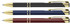Three ballpoint pens with gold trim in black, blue, and burgundy colours. Each pen features a sleek design and a logo.