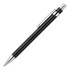A black ballpoint pen with a matte finish and silver accents. It features a clip and a textured grip.