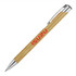 A ballpoint pen made of bamboo with a silver clip and a logo. The pen features a natural wood colour.