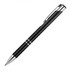 A black and silver ballpoint pen with a sleek design and a clip, featuring a logo.