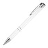 A metal ballpoint pen in white with silver accents and a clip, featuring a logo on the body.
