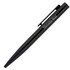A sleek black ballpoint pen with a clip and branding, featuring a shiny finish and a streamlined design.