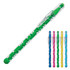 A ballpoint pen featuring a transparent barrel with a green grip and various coloured refills in pink, blue, yellow, and black.