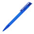 A blue transparent ballpoint pen with a clip and a smooth writing tip, featuring a logo on the body.