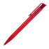 A transparent red ballpoint pen with a clip and smooth design, featuring a simple logo.