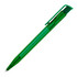 A transparent green ballpoint pen with a clip and a ribbed grip, featuring a logo.