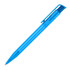 A transparent blue ballpoint pen with a clip and a sleek design. It features a logo on the body.
