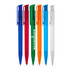 A collection of ballpoint pens in blue, red, green, orange, transparent blue, and clear, featuring a logo on some.