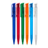 A collection of ballpoint pens in blue, red, green, orange, blue, and clear, featuring clips and a logo.