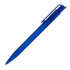 A blue plastic ballpoint pen with a translucent body and a clip for easy attachment.