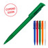 A green ballpoint pen with a transparent body and a clip, alongside other coloured pens in blue, red, orange, and white.