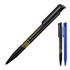 A plastic ballpoint pen in matte black with a clip, alongside a blue ballpoint pen, both featuring a logo.