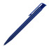 A blue plastic ballpoint pen with a ribbed grip and a clip. It has a logo on the side.