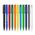 A collection of ballpoint pens in various gloss colours: black, blue, red, orange, yellow, green, light blue, grey, and white, with branding.