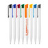A set of ballpoint pens in gloss white with various coloured grips and a logo on one pen.