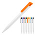 A plastic ballpoint pen in gloss white with an orange grip, alongside eight additional pens in various colours.