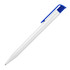 A ballpoint pen in glossy white with a blue cap and clip, featuring a simple design and branding.