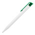 A plastic ballpoint pen in gloss white with a green clip. Includes a logo on the body.