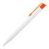 A plastic ballpoint pen in gloss white with an orange clip and grip. Features a simple design with a logo.