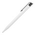 A plastic ballpoint pen in glossy white with a grey clip. It features a simple, sleek design.