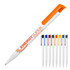 A plastic ballpoint pen in gloss white with an orange cap and various coloured accents on the side. Features branding.