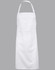 A white bib apron with adjustable neck strap and a front pocket. It features a simple design and has a logo.